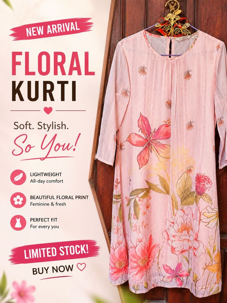 Elegant  Pink Floral Print Kurta