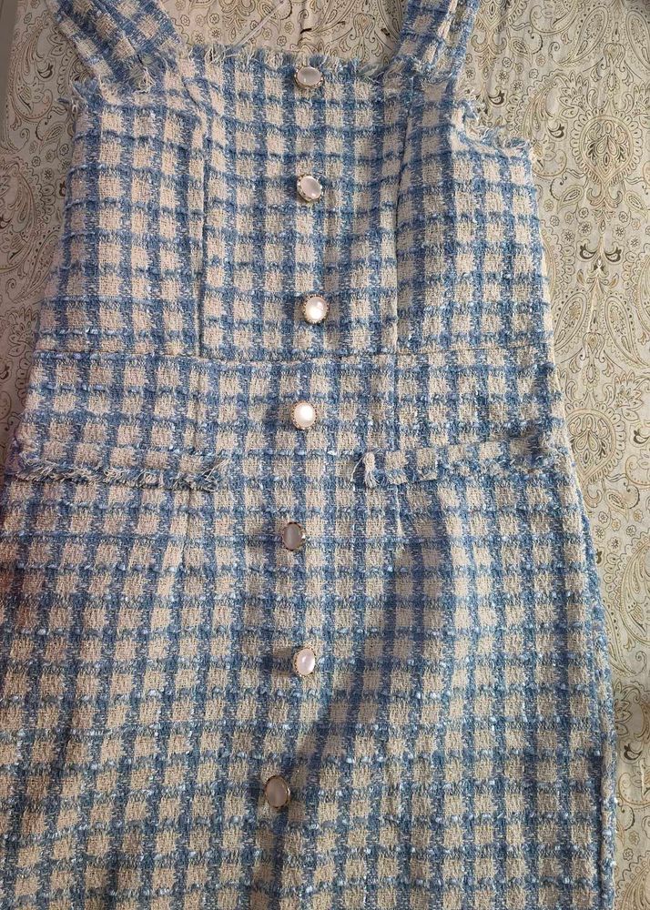 Chic Blue &amp; Beige Plaid Tweed Dress