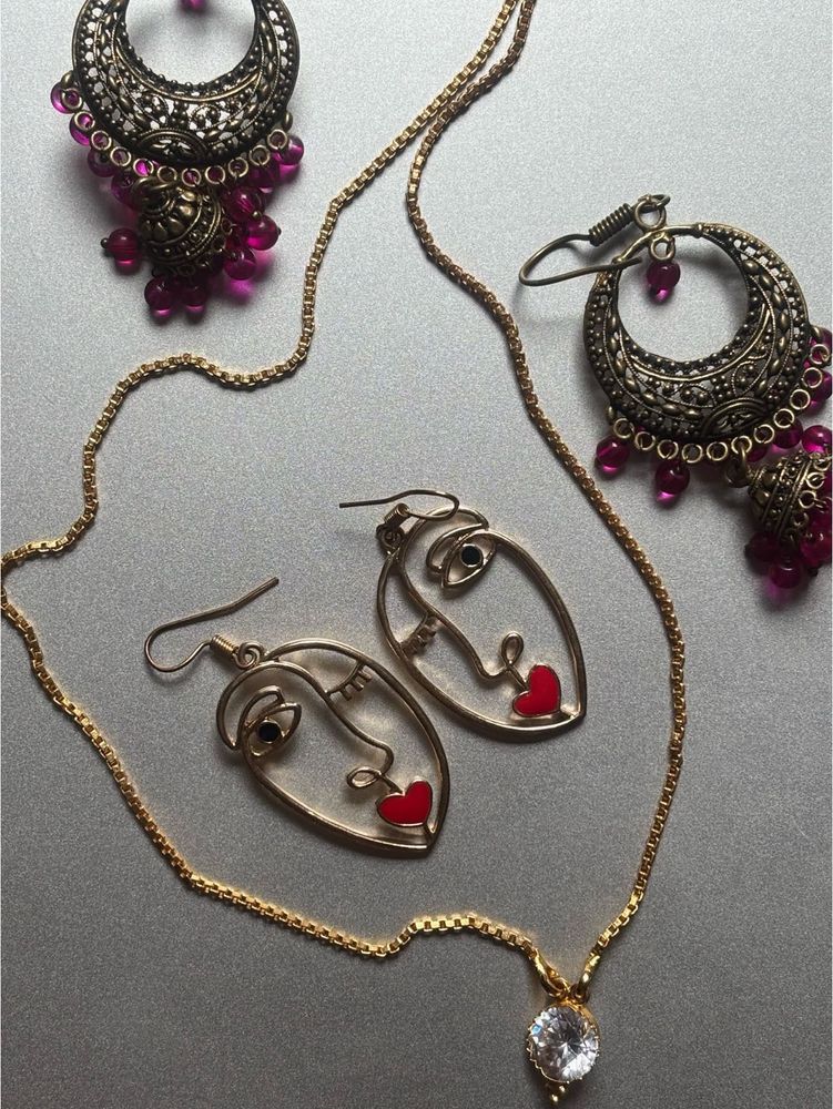 Gold chain, Artistic Face &amp; Kundan earrings Set