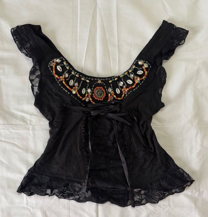 Boho Beaded Lace Trim Top