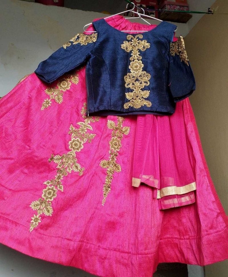Pink &amp; Navy Embroidered Lehenga Set