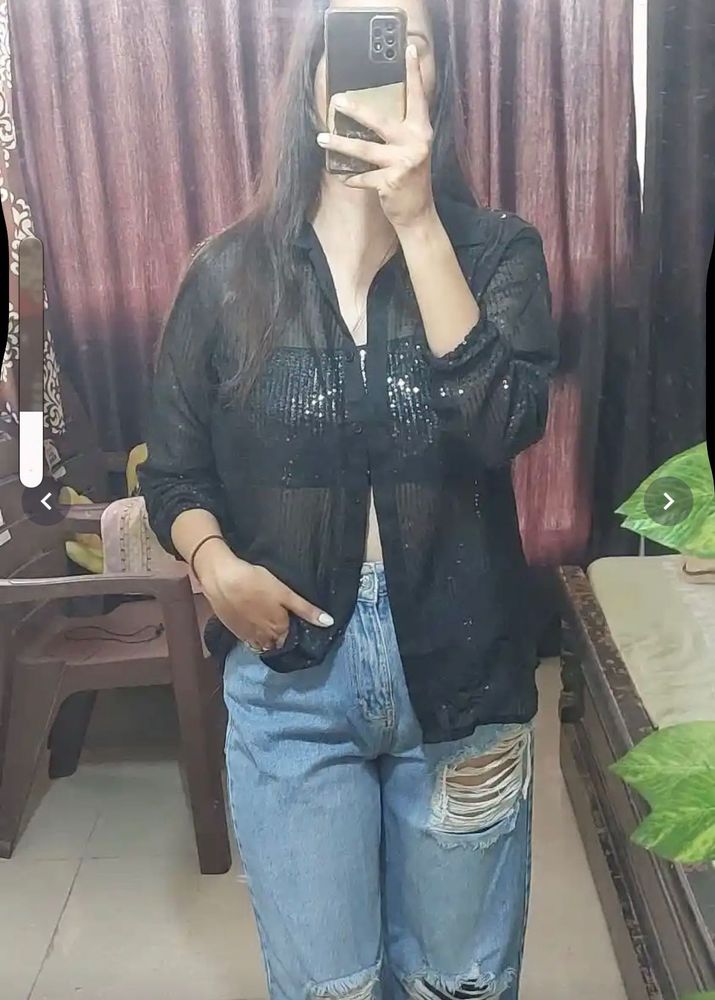 Sparkly Black Sheer Button-Up Shirt