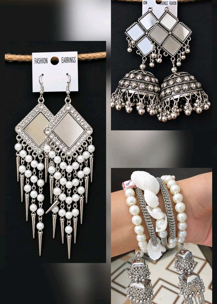 set of 3 OxidisedJhumka 2Earrings &amp; 1Bracelet