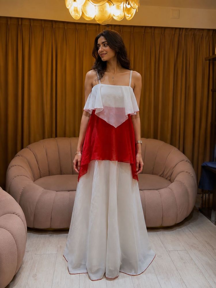 Elegant Red &amp; White Layered Gown
