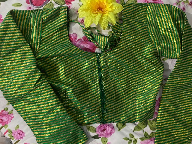 Green &amp; Gold Striped Saree Blouse