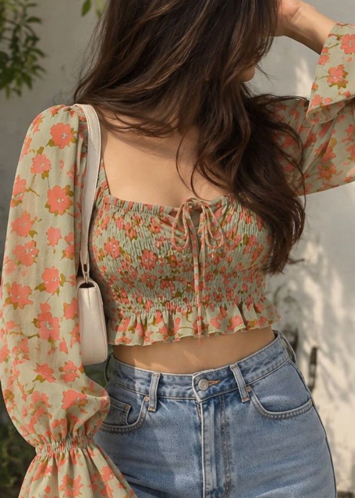 ORIGINAL SAVANA Sage Green Floral Smocked Crop Top