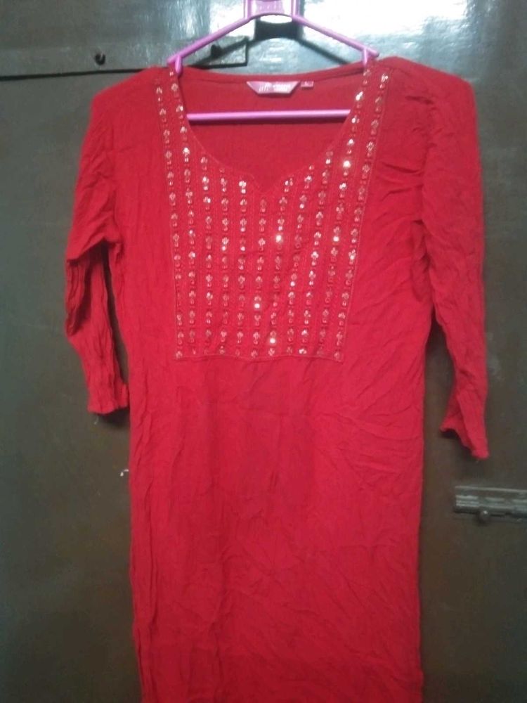 Red Embellished Kurta