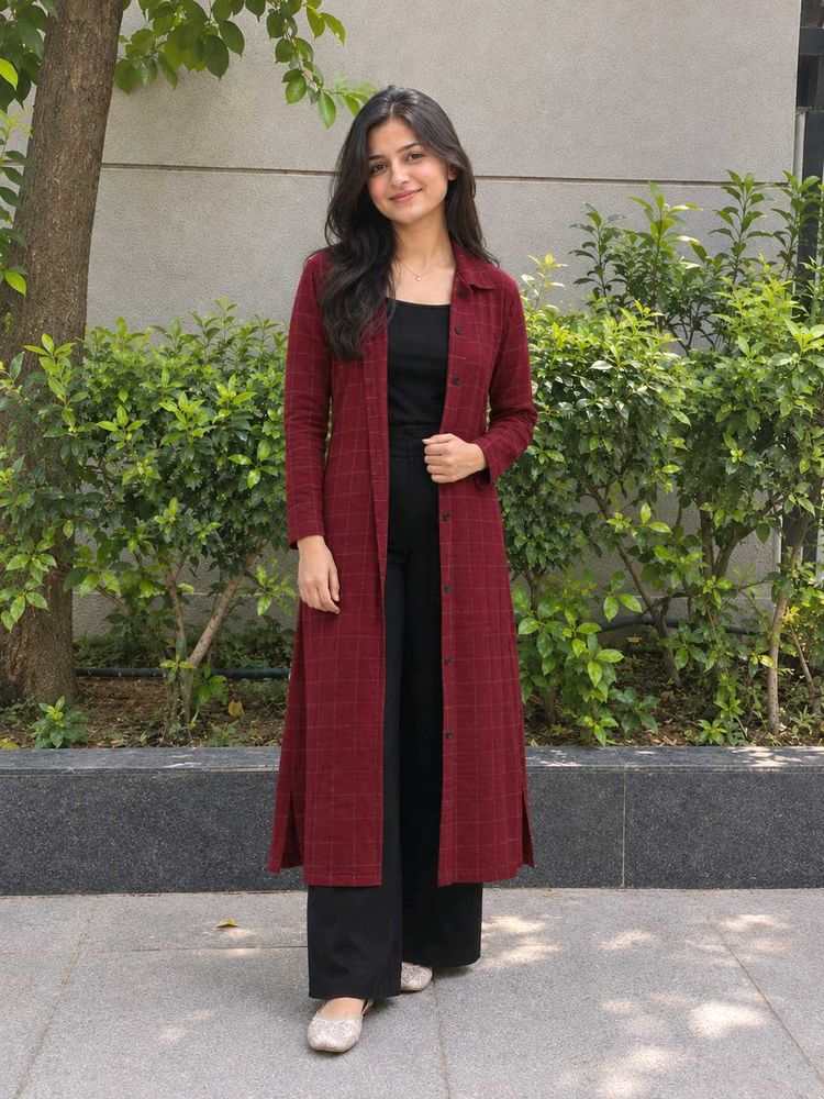 Maroon Checked Long Shrug