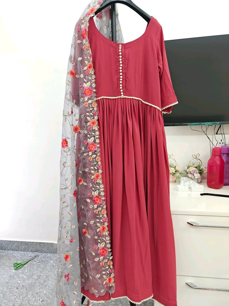 Brick Red Flared Kurta With Dupatt