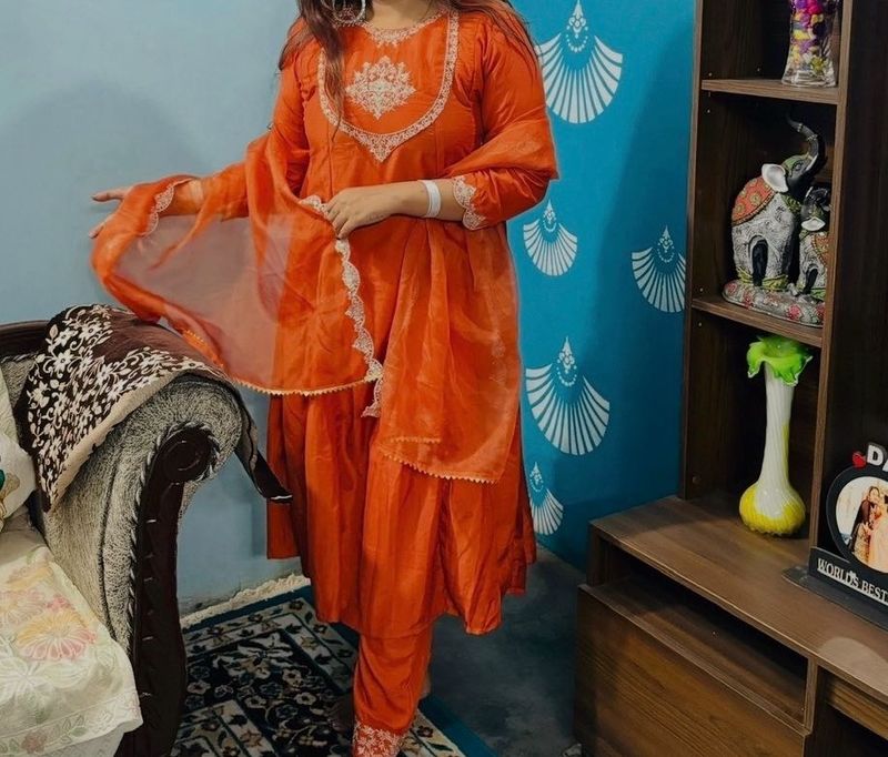 Vibrant Orange Embroidered Kurta Set