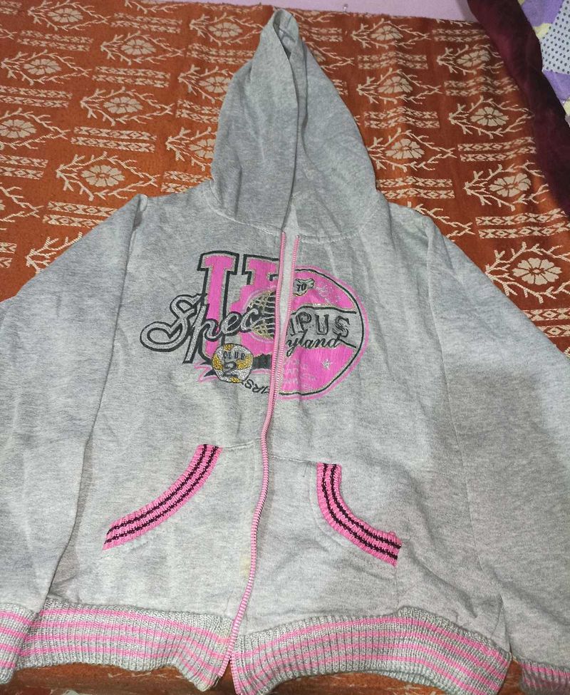 Grey Zip-Up Hoodie with Pink Accents