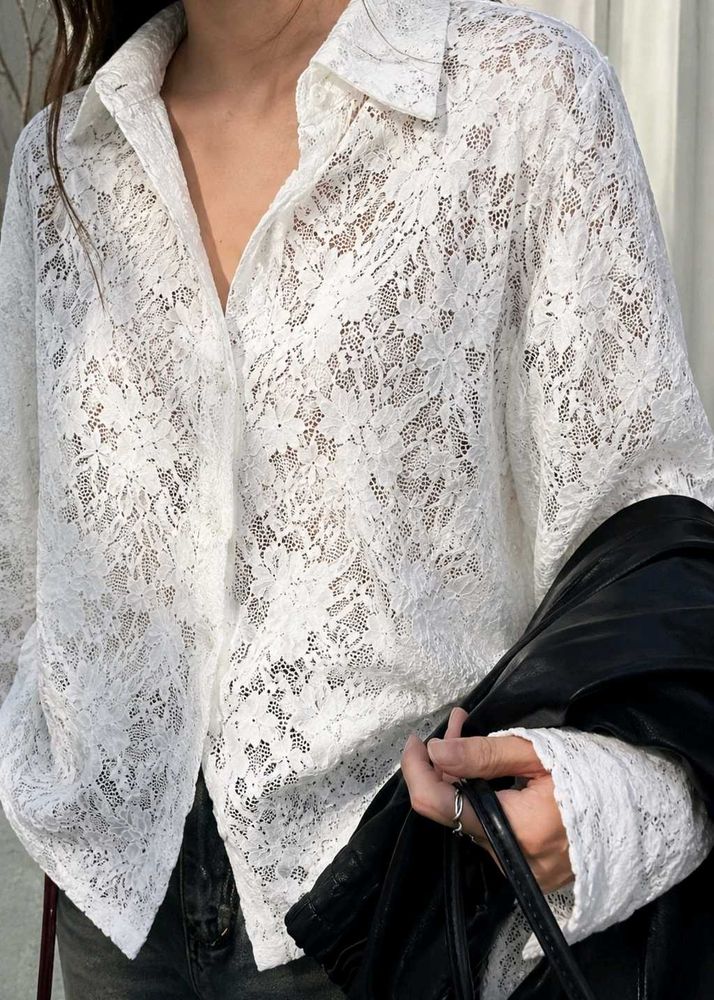 Sheer Lace Collared Button-Up Shirt