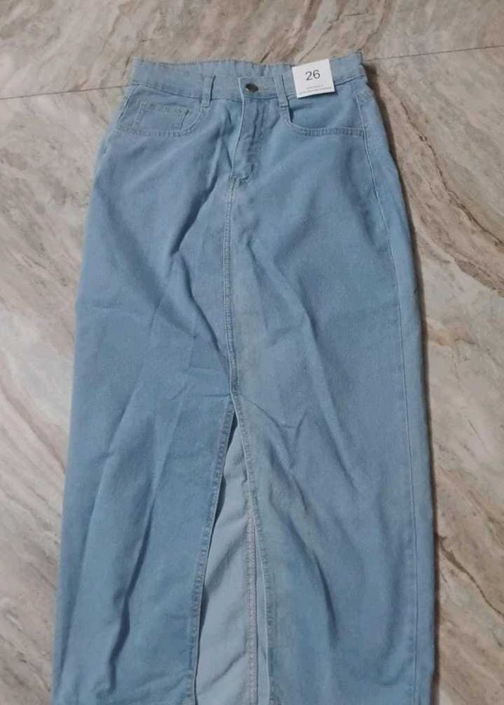 Light Wash Denim Maxi Skirt with Slit