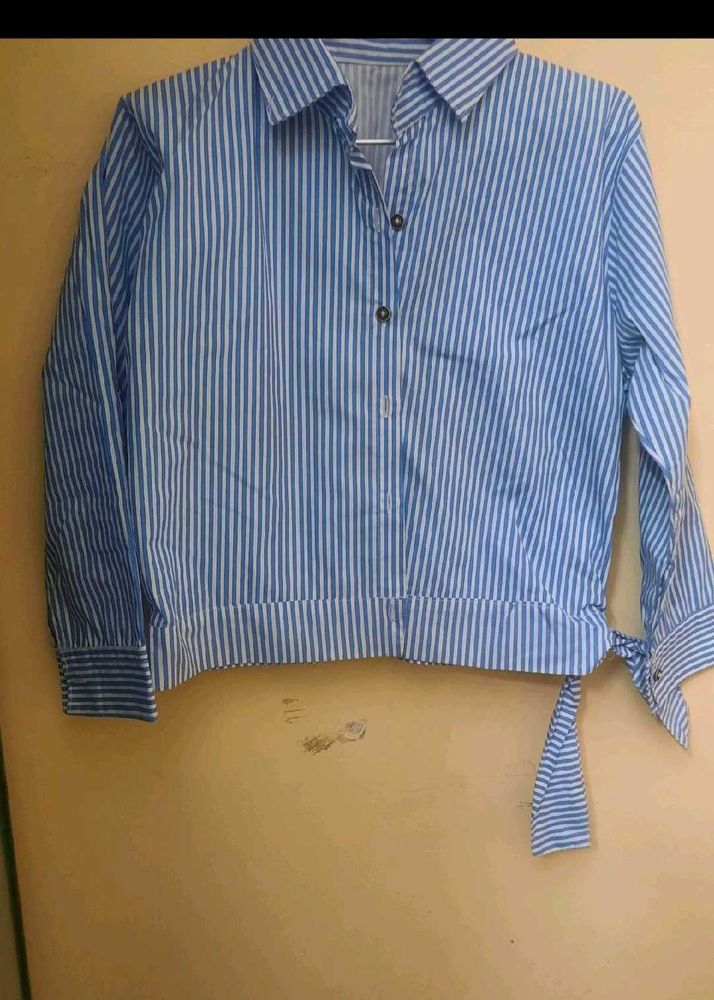 Blue &amp; White Striped Tie-Waist Shirt