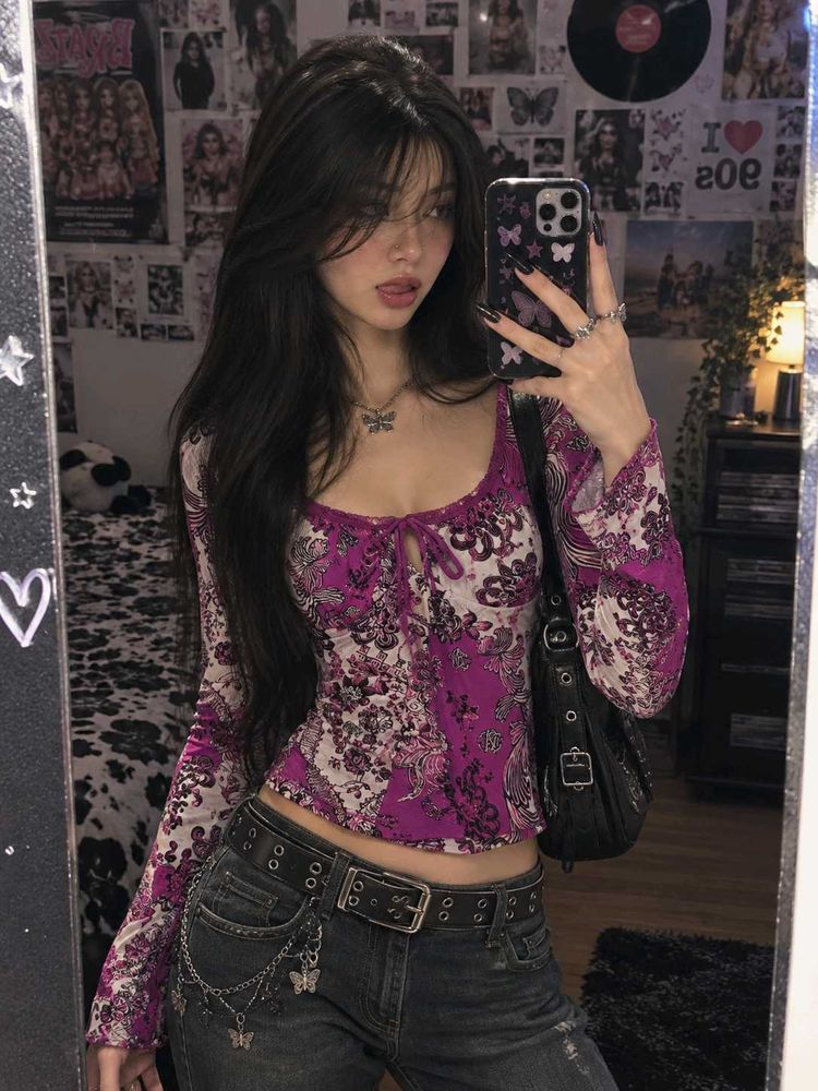 🇳🇿💫🎀Y2K Floral Print Long Sleeve Top