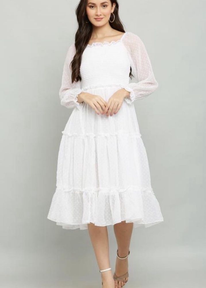 Elegant White chikakari Tiered Midi Dress