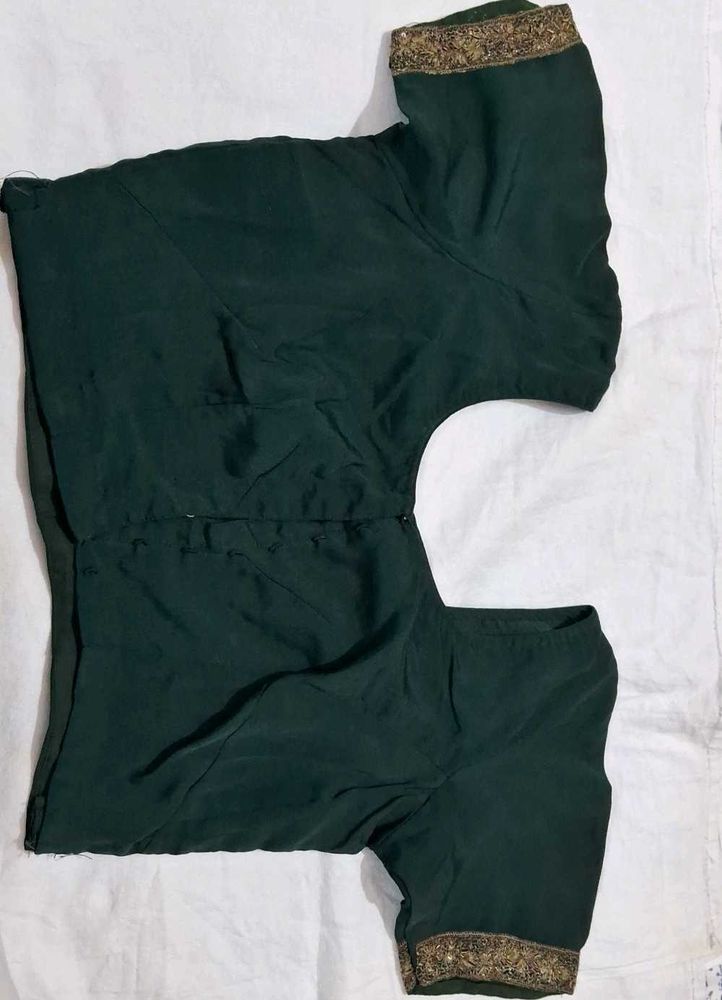 Elegant Dark Green Blouse with Embroidered Sleeves