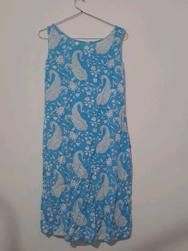 Blue Printed Sleeveless kurta set with dupatta