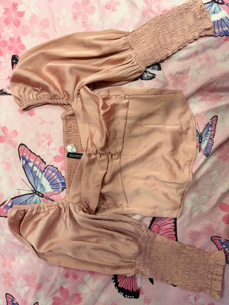 H&amp;M Chic Pink Satin luxury Smocked Puff Sleeve Top