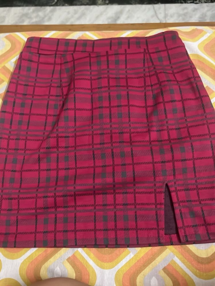 Plaid Mini Skirt with Slit