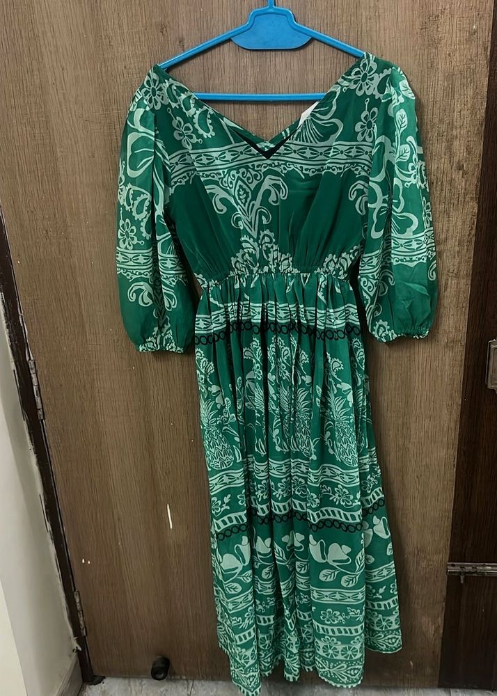 Elegant Green Printed Midi Dress