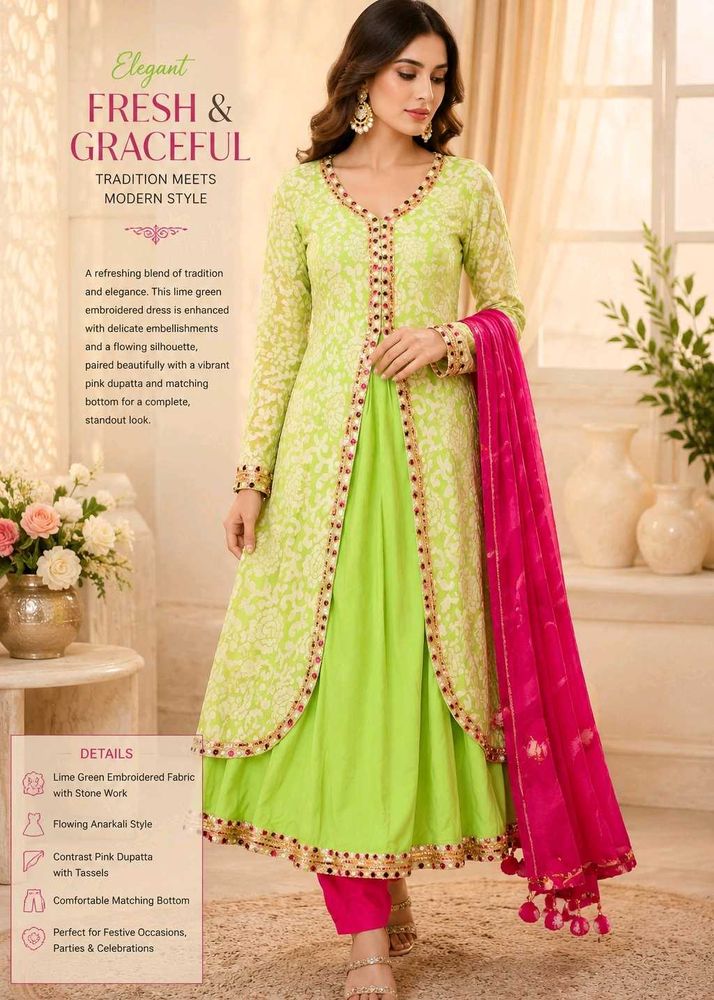 Elegant Neon green Embroidered Kurta Set