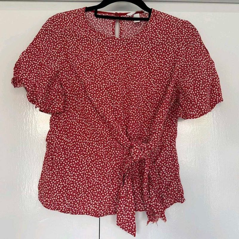 Chic Red Floral Tie-Front Top