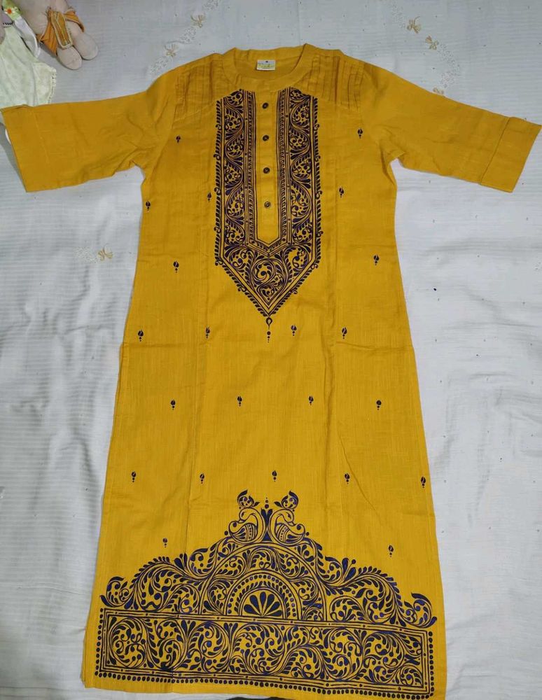 Yellow Cotton Kurta with Block Print(NEW)