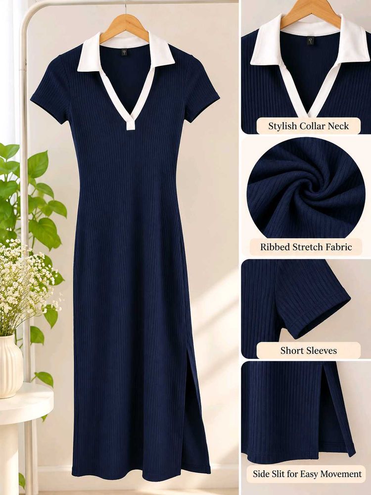 Navy Ribbed Knit Midi Dress with Collar