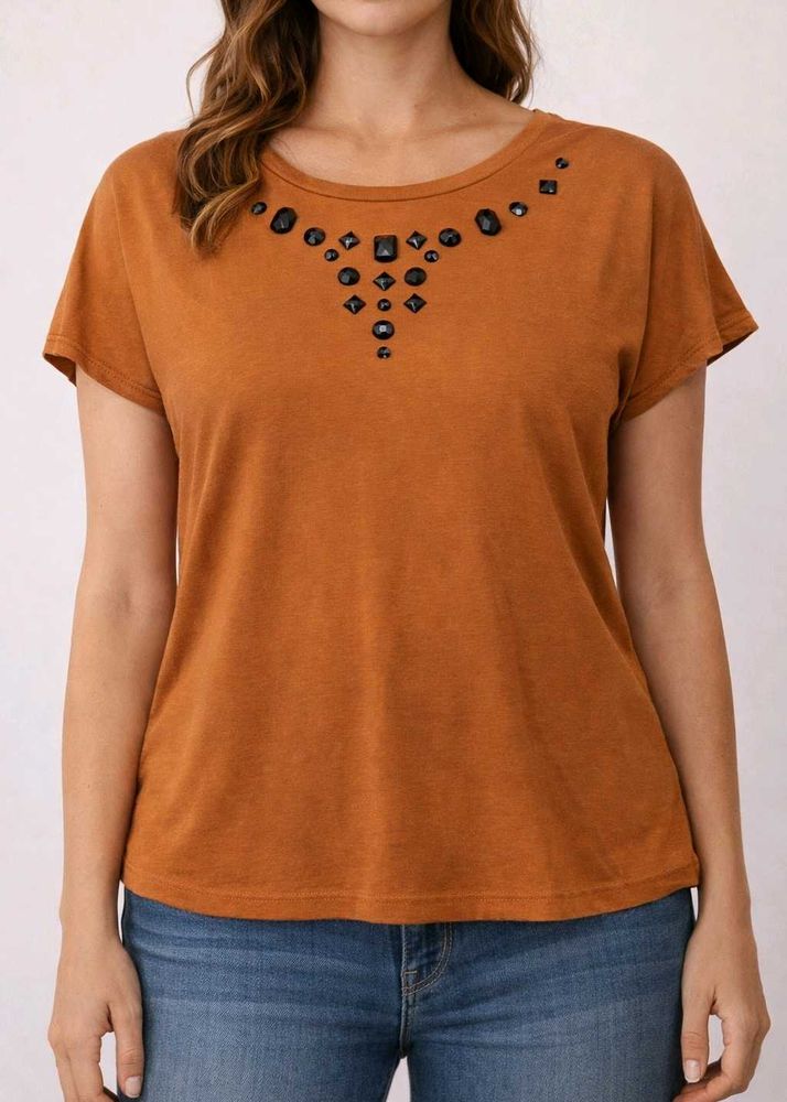 Brown Embellished T-Shirt