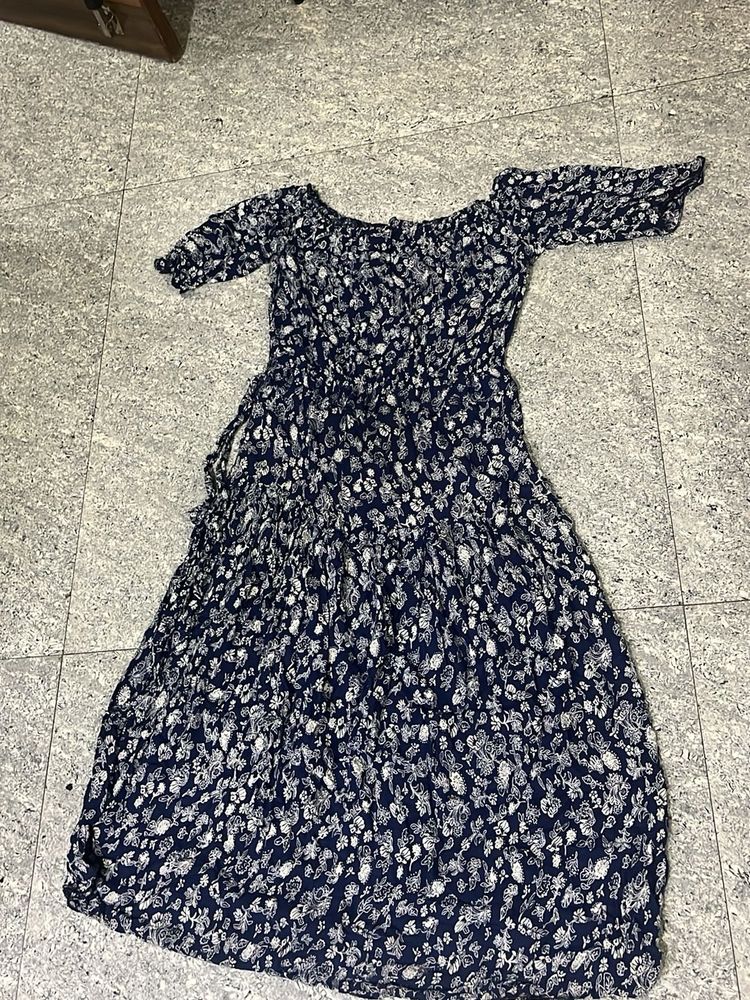 Blue Floral Off-Shoulder Midi Dress