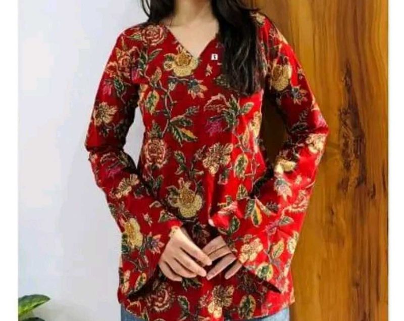 Red Floral Bell Sleeve Kurti