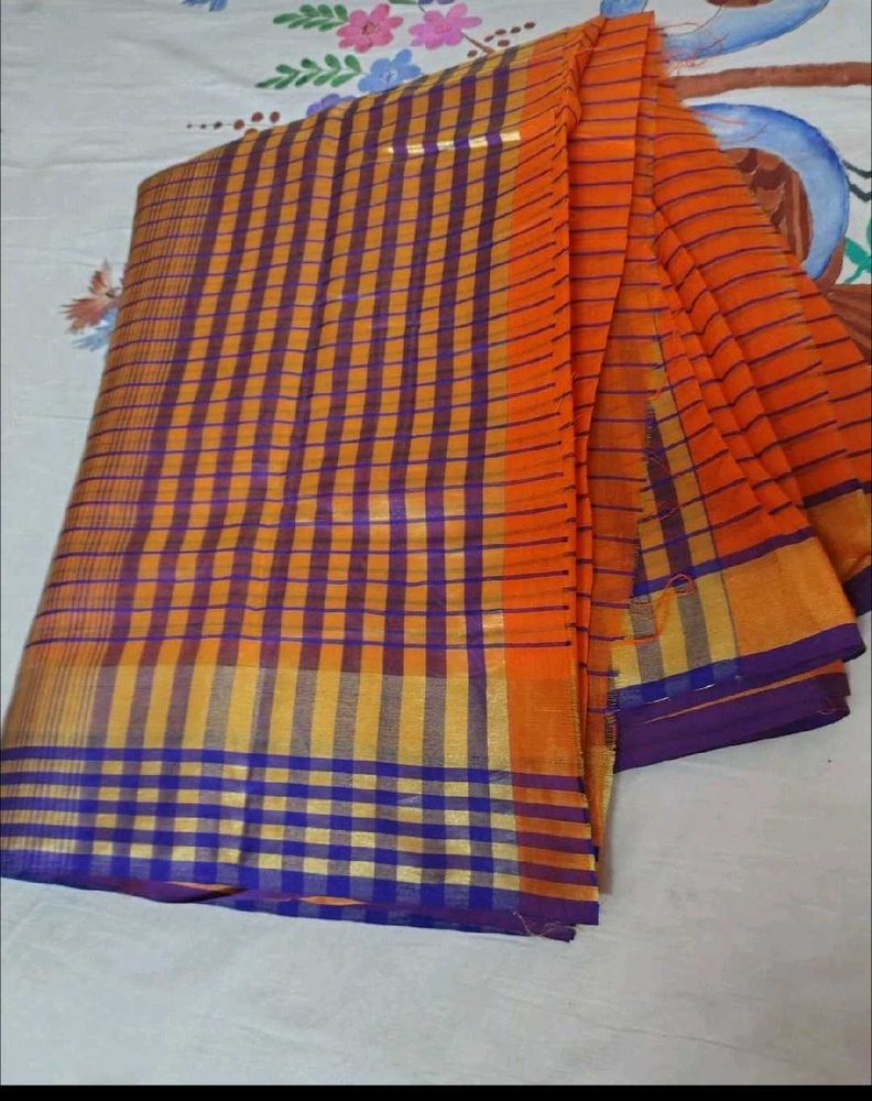 Vibrant Checked Orange Saree with blouse pc