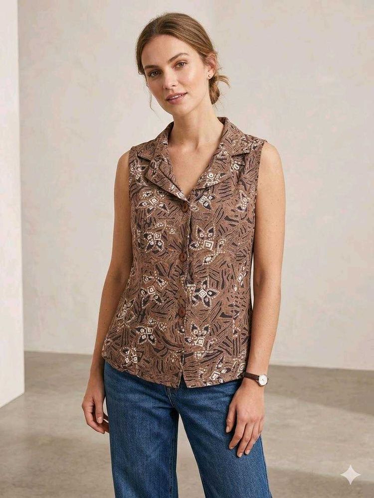 Sleeveless Printed Button-Down Top