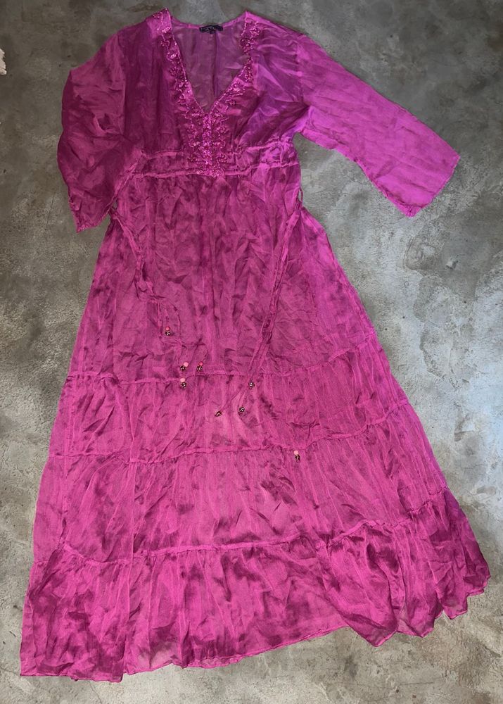 Magenta Tiered Maxi Dress with Embroidered V-Neck
