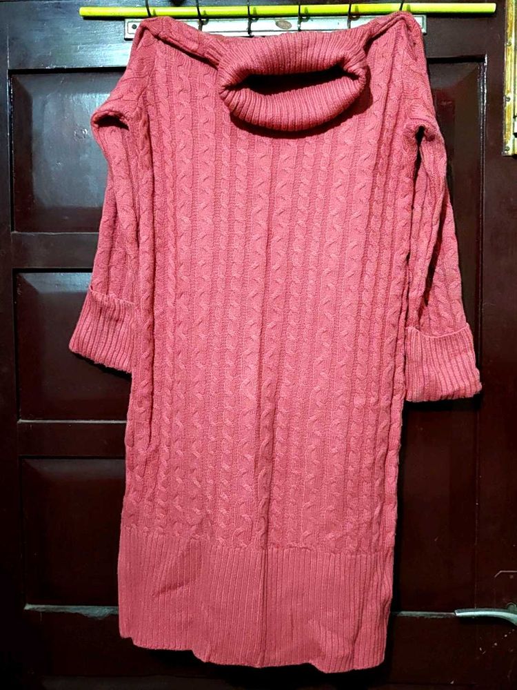 Women's Pink high neck Sweater Midi Dress