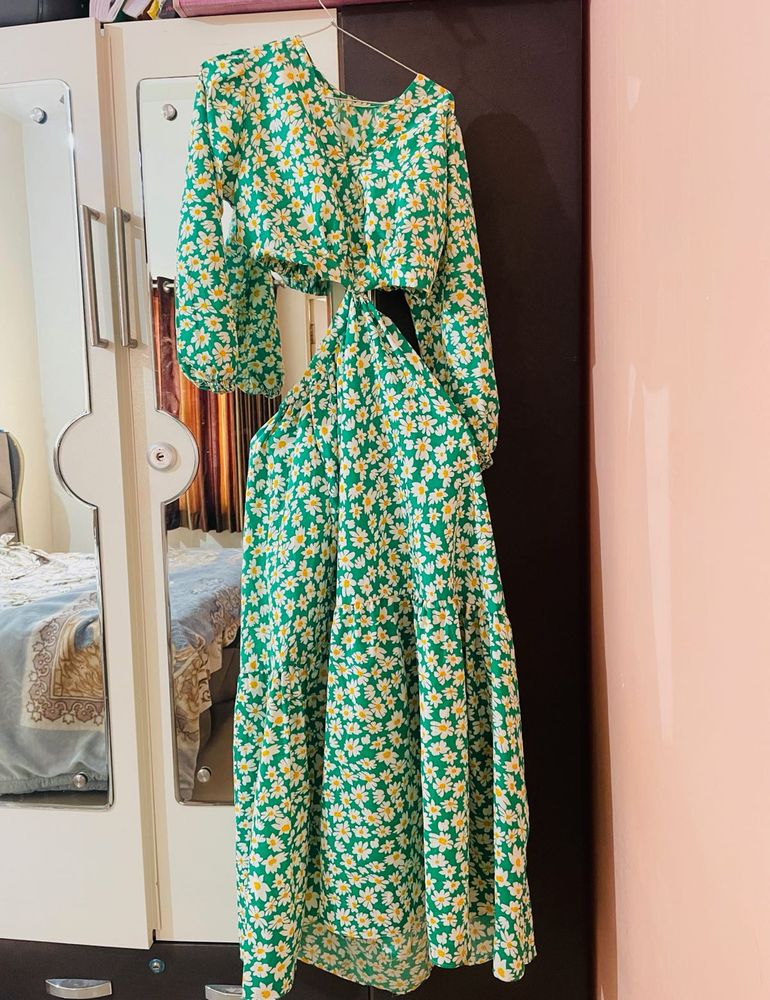 v neck green floral dress