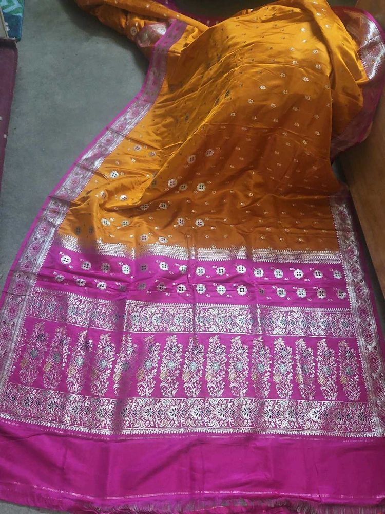 Elegant Yellow &amp; Pink Banarasi Saree