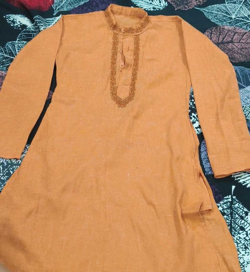 Men's Orange Embroidered Kurta