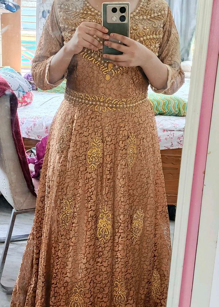Elegant Brown &amp; Gold Embellished Gown