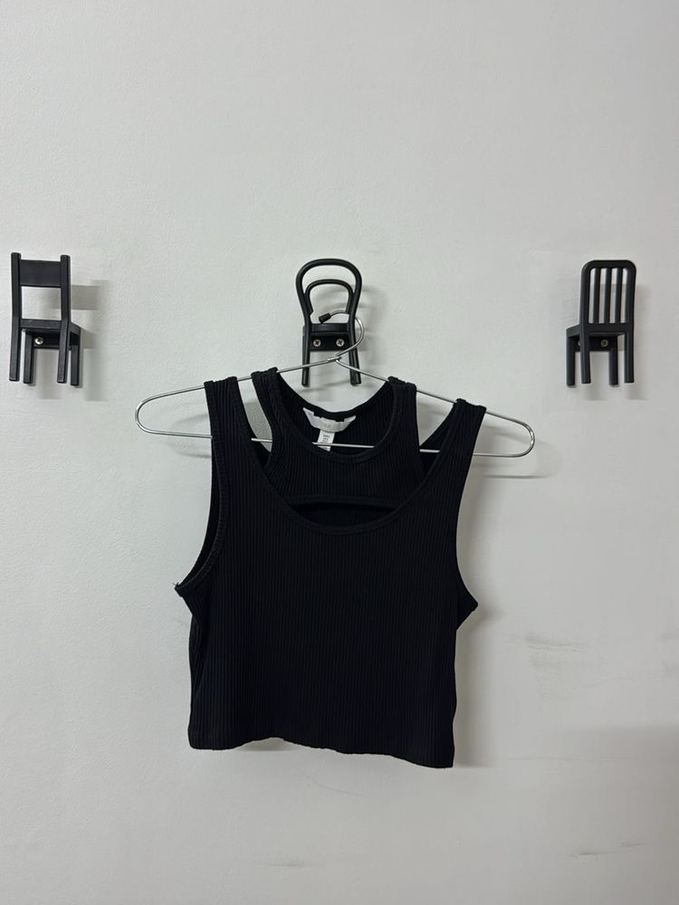 Black Ribbed Cutout Tank Top