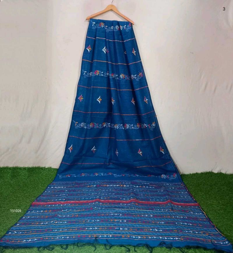 Elegant Blue Hand Kantha Embroidery Saree