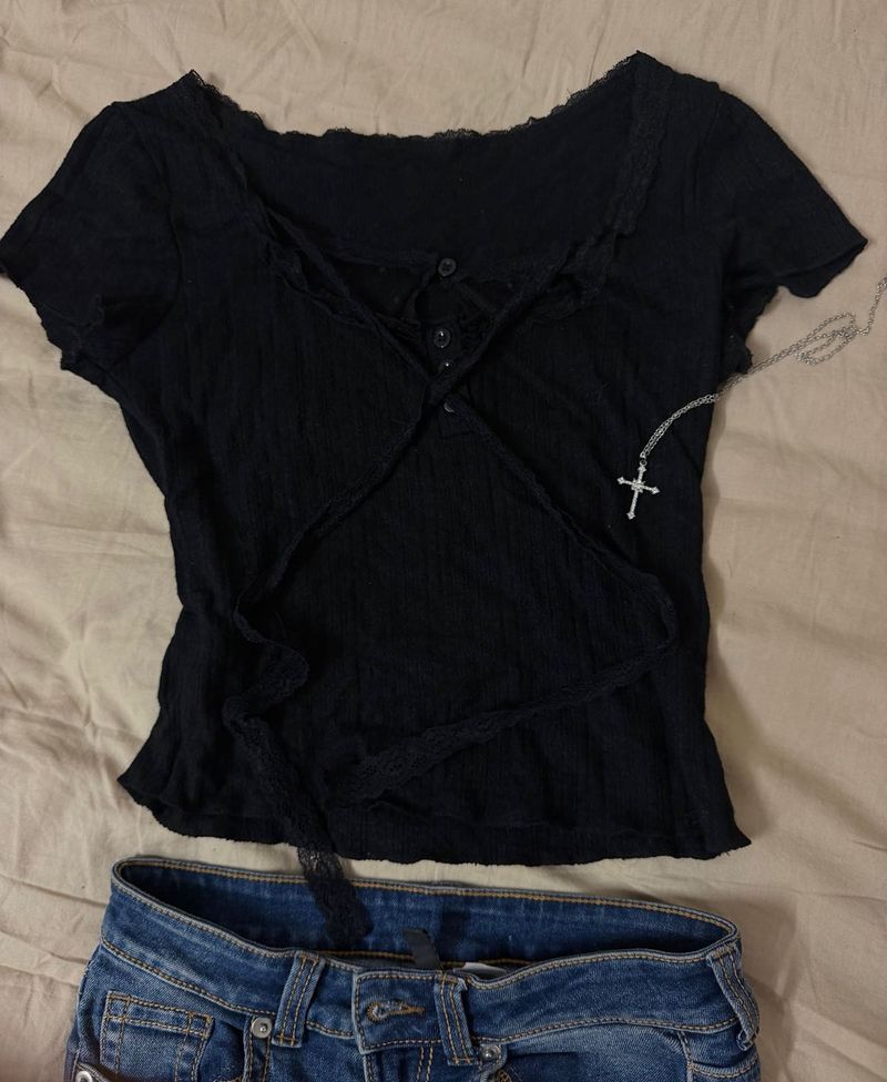 Gothic Lace Trimmed Black Top