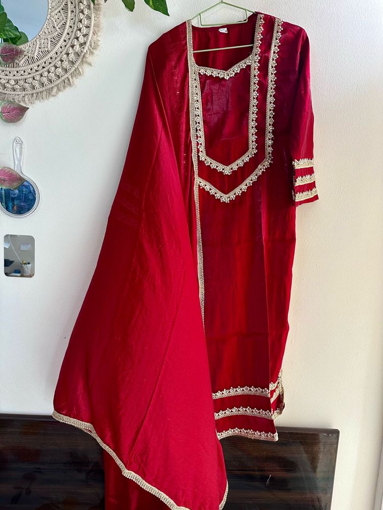 Bridal maroon japan silk Embroidery suit pant set