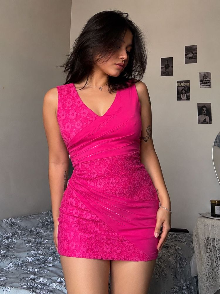 Hot Pink Lace Mini Dress | EmbellishedY2K Glam