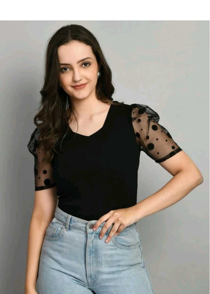 Chic Black Top with Polka Dot puff Sleeves