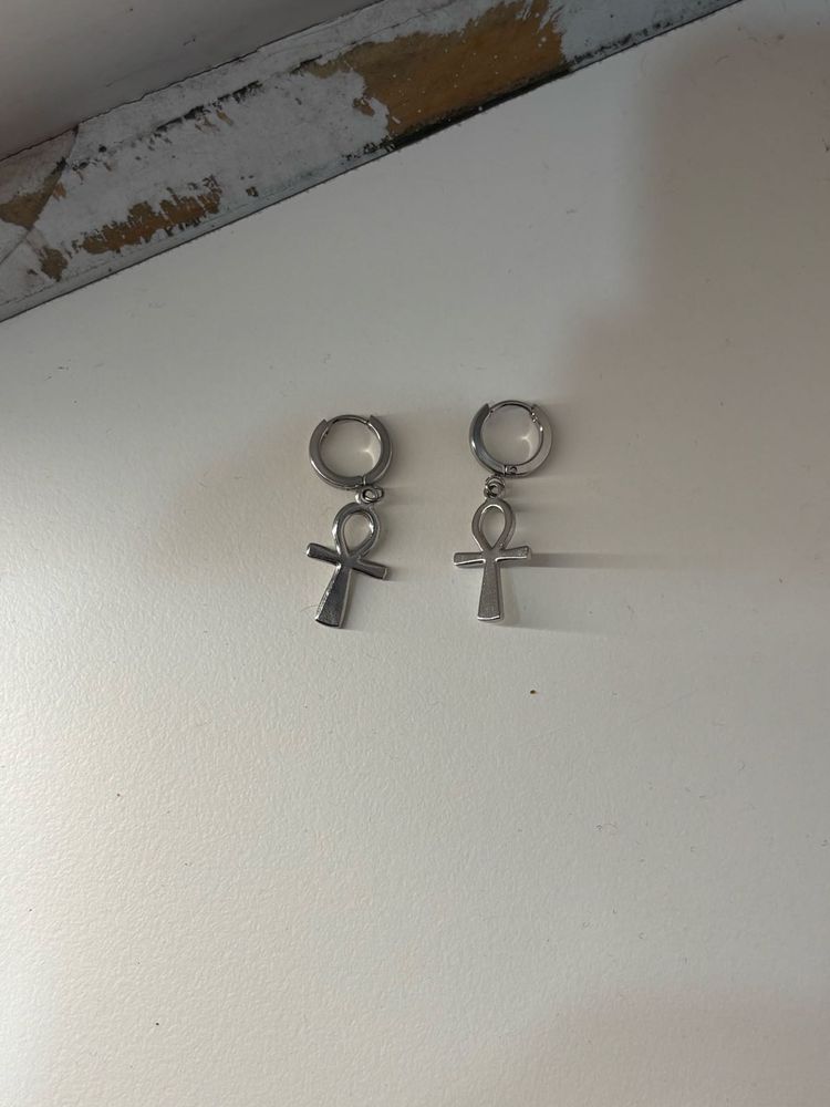 Alt Gothic Silver Ankh Charm Hoop Earrings
