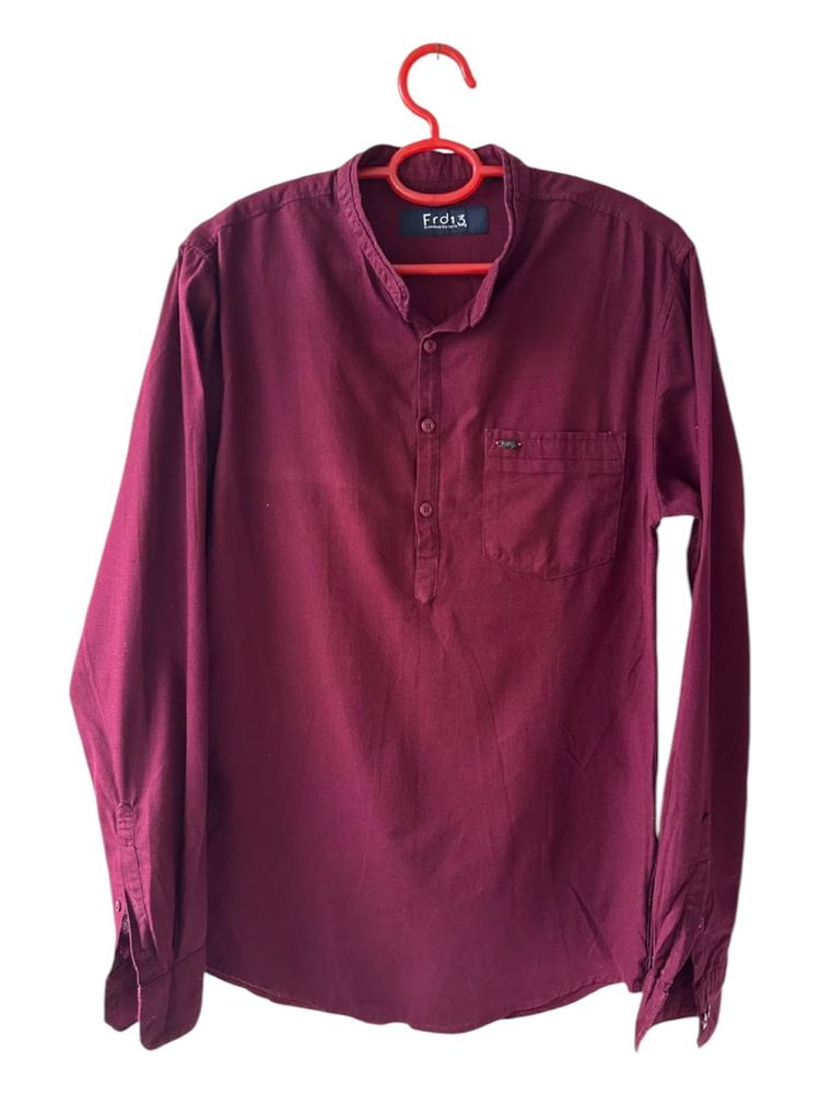 Men's Maroon Mandarin Collar Shirt