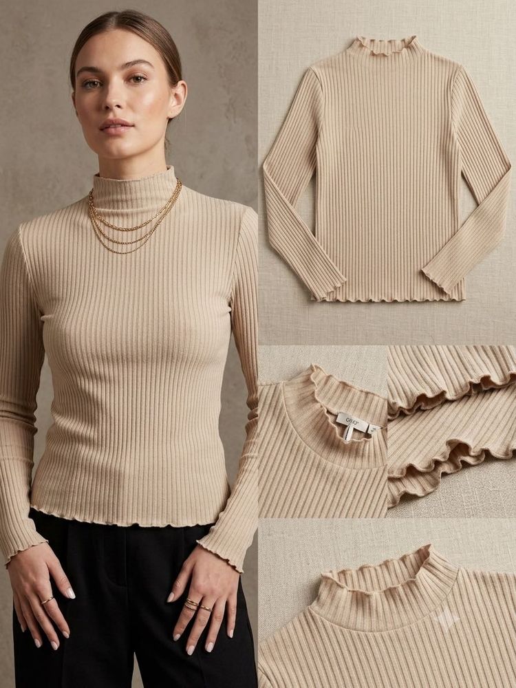 Ribbed Mock Neck Ruffle Trim Top