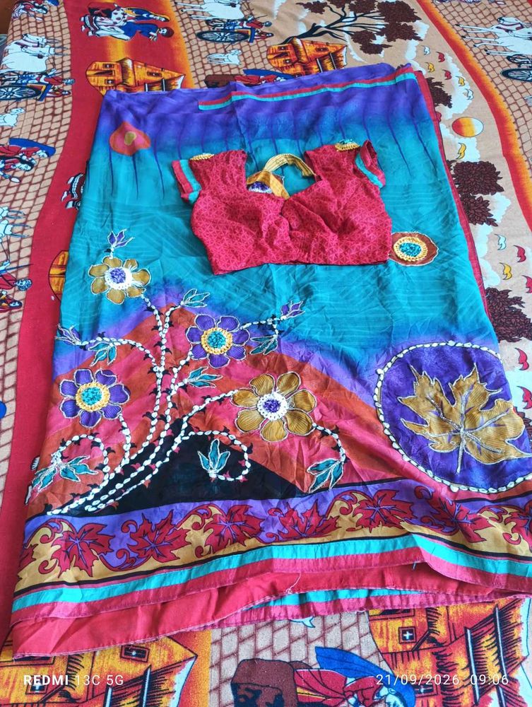 Stylish Red Saree Ethnic Blouse